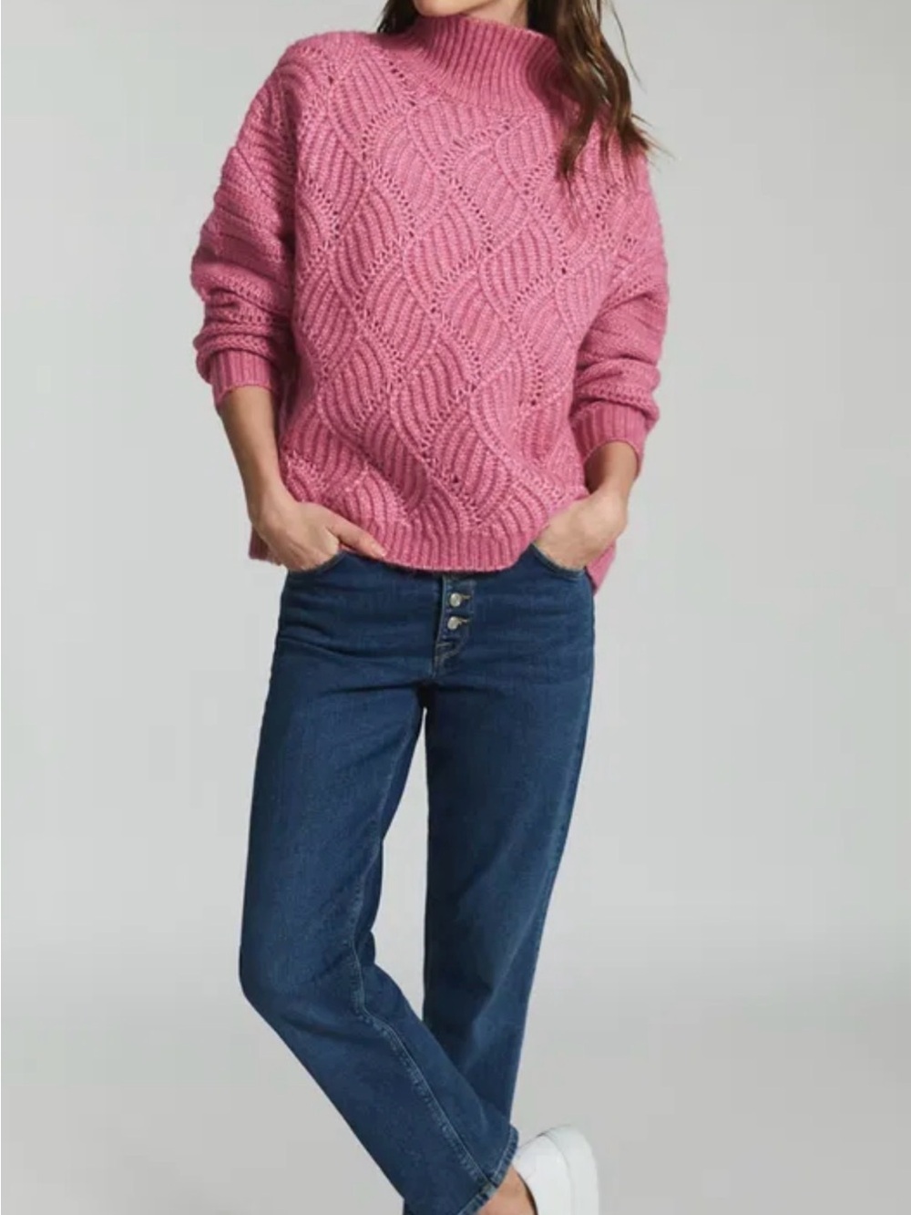 REISS Ola Sweater Womens M NWT Pink Oversized Cable Knit Wool Alpaca Turtleneck - Picture 2 of 14